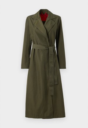 Olive green long trench coat with a collar, belted waist, and long sleeves. Interior features a red lining. Smooth, lightweight fabric.