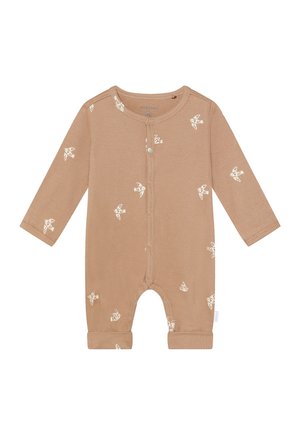 Lichtbruin geribd babyrompertje met lange mouwen en drukknoopjes, versierd met kleine witte vogelprints.