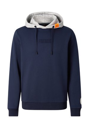 Granatowa bluza z kapturem z jasnoszarym kapturem, sznurkami, ściągaczami na rękawach i u dołu, z wytłoczonym napisem "FIRE&ICE" na piersi oraz pomarańczową metką z logo na kapturze.