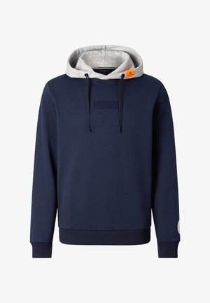 Navy blue hoodie with light gray hood, drawstrings, ribbed cuffs and hem, with embossed "FIRE&ICE" text on chest and orange logo tag on hood.
