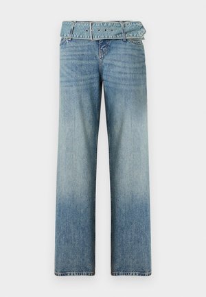 Lys blå denimjeans med vid ben design, som har en matchende belted midje og en gradvis falming fra mørk til lys.