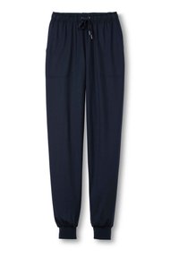 Marine joggingsbroek met een elastische tailleband en een trekkoord. Beschikt over een bredere enkelband en twee voorzakken voor opslag. Soepele stoftextuur.