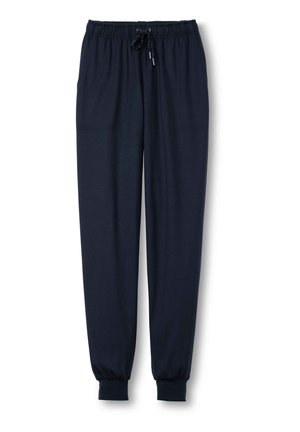 Navy jogger pants with an elastic waistband and a drawstring. Features cuffed ankles and two front pockets for storage. Smooth fabric texture.