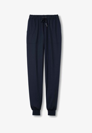 Marine joggingsbroek met een elastische tailleband en een trekkoord. Beschikt over een bredere enkelband en twee voorzakken voor opslag. Soepele stoftextuur.
