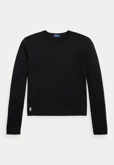 Tricou lung cu mânecă neagră, din bumbac, cu guler rotund și un mic logo alb pe partea stângă, jos.