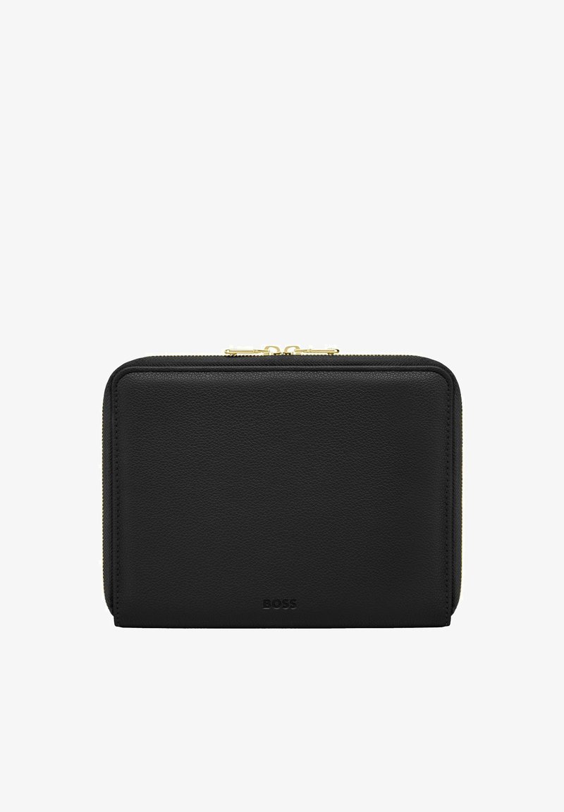 Portefeuille rectangulaire en cuir noir avec double fermeture éclair dorée et logo "BOSS" subtilement embossé au centre à l'avant.