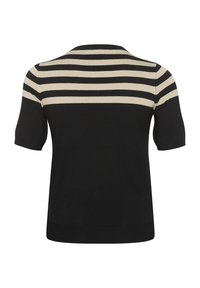 Black and cream striped short-sleeve knit top with a round neckline, featuring contrasting horizontal stripes across the upper section.