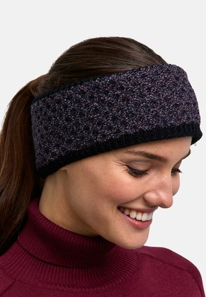 Knit headband in dark purple and black, featuring textured patterns and a soft finish. Designed for warmth and comfort during colder months.