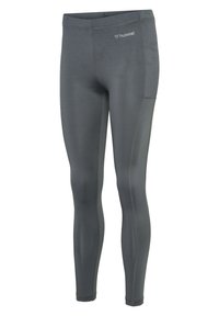 Grå atletiska leggings gjorda av stretchigt material, med kontrasterande sömmar, en sidficka och en logotyp på midjebandet.