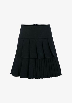 Zwarte geplooide rok met een gestructureerde tailleband, voorzien van gelaagde delen en een gestructureerde stof, ontworpen voor een fit-and-flare silhouet.