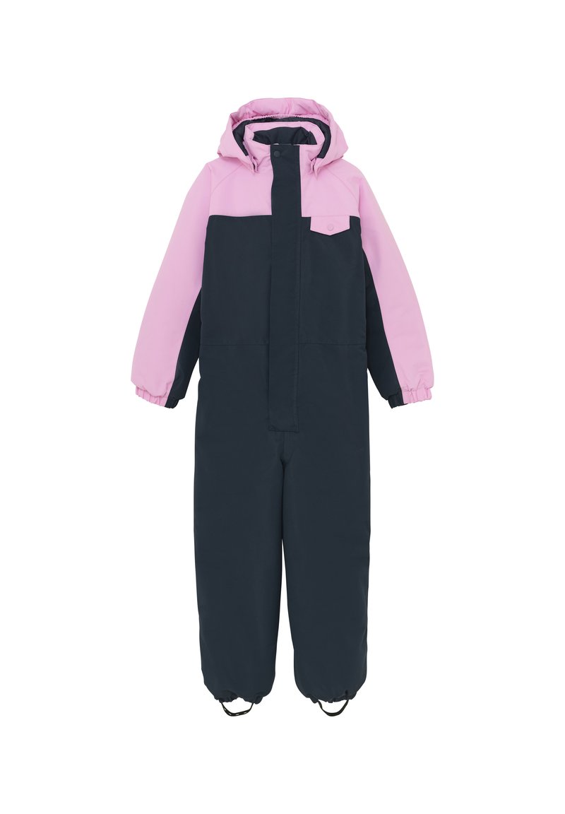 Mörkblå och rosa vattentät overall med huva, dragkedja framtill och elastiska ärmslut. Har en liten bröstficka och justerbara benavslut.