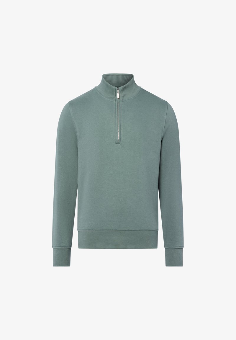 Gedämpfter grüner Langarm-Sweatshirt mit hohem Kragen und halbseitigem Reißverschluss, gerippten Bündchen und Saum.