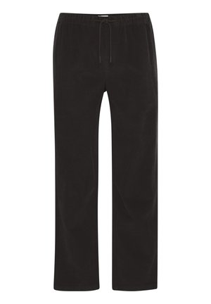 Melnas kordotas bikses ar elastīgu jostu, auklu, taisnām kājām un vertikālu ribota auduma tekstūru. Redzamu kabatu nav.