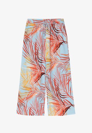 Gaiša zila plaša kāju bikses ar tropu palmu lapu rakstu sarkanā, oranžā un dzeltenā krāsā. Elastīga josta ar aukliņu.