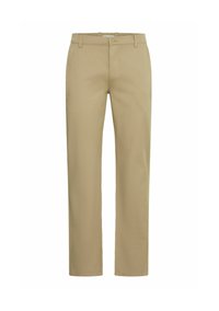 Beige Baumwollhose mit geradem Schnitt, Vorderentaschen, Knopf- und Reißverschluss, sowie Gürtelschlaufen. Glatte Textur, klassisches Design.