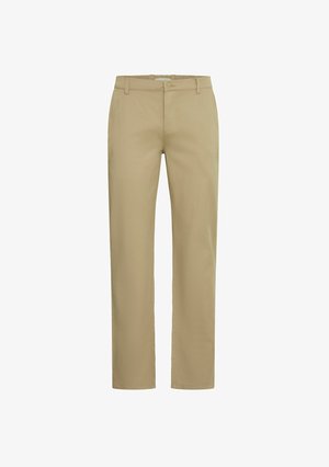 Beige bomuldsbukser med lige fit, forlommer, en knap- og lynlåslukning og bæltesløjfer. Glat tekstur, klassisk design.