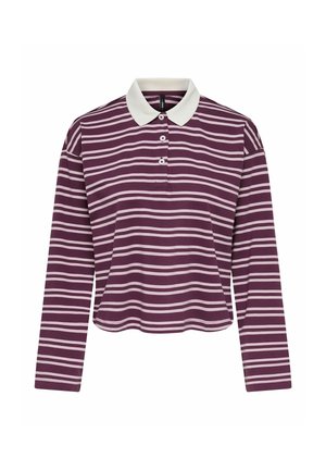 Polo de manga larga morado con rayas horizontales rosa claro y cuello blanco, con una tapeta de tres botones en la parte delantera.