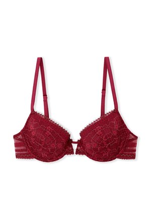 Soutien-gorge en dentelle bourgogne avec armatures, motif floral, bords festonnés, bretelles réglables et fermeture à crochets au dos.