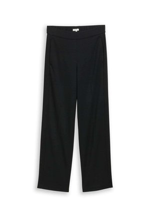 Schwarze weit geschnittene Hose aus glattem Stoff, mit flachem Taillenumfang und seitlichen Taschen, entworfen für einen lässigen Sitz.