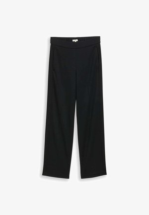 Schwarze weit geschnittene Hose aus glattem Stoff, mit flachem Taillenumfang und seitlichen Taschen, entworfen für einen lässigen Sitz.