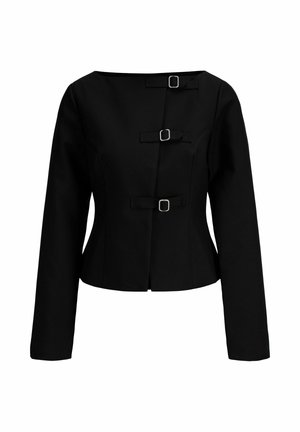 Veste noire à manches longues et à encolure ronde, avec trois lanières horizontales à boucle sur le devant, sur fond blanc.