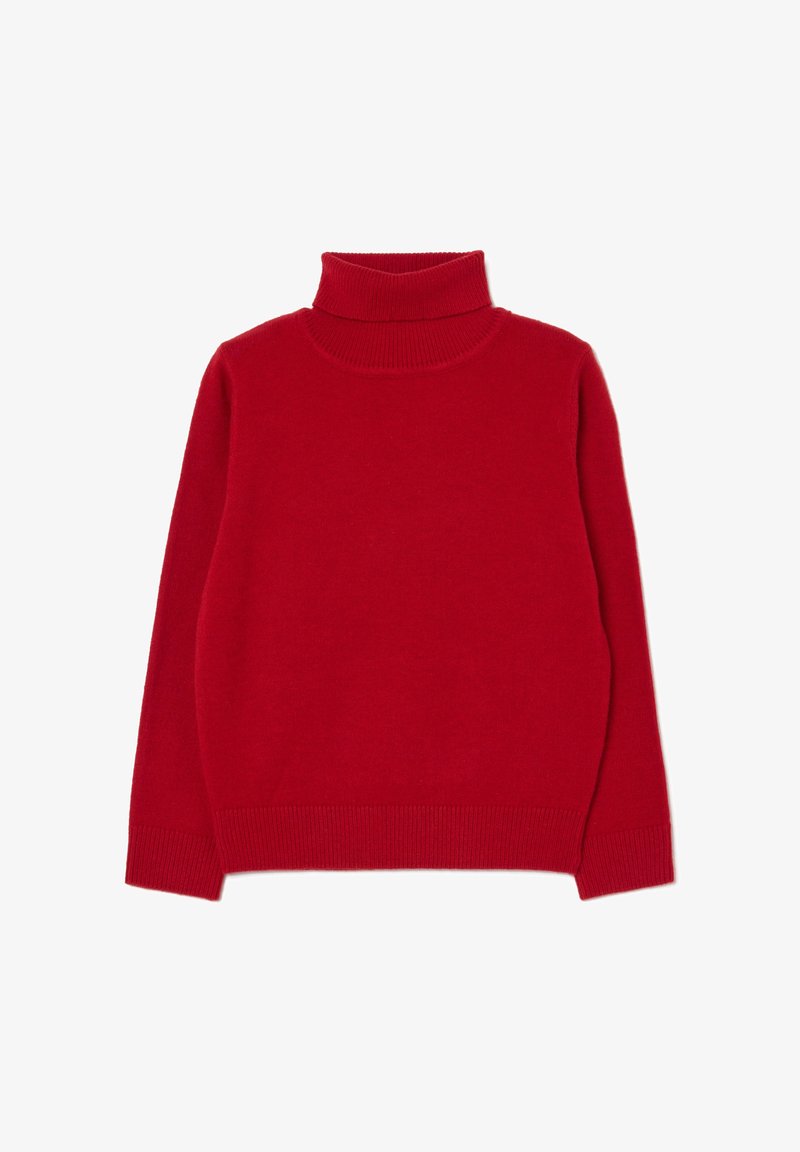 Red long-sleeve turtleneck sweater with ribbed collar, cuffs, and hem, laid flat on a white background.