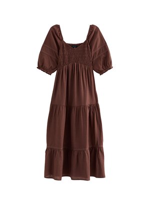 Brown midi dress with puffed short sleeves, smocked square neckline, and tiered skirt with gathered details.