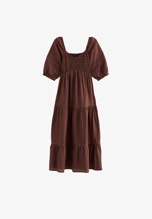 Vestido midi marrón con mangas cortas abullonadas, escote cuadrado fruncido y falda de volantes con detalles fruncidos.