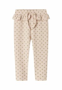 Pantalon texturé en gaufre, rose clair, avec une taille froncée et volantée et un motif floral doré. Liens à l'avant et jambes ajustées.