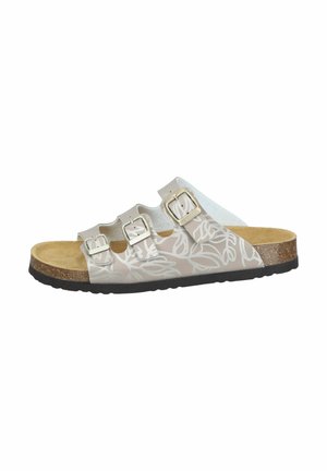 Three-strap slide sandal in light beige with floral pattern, metallic buckles, molded cork footbed, and textured black outsole.