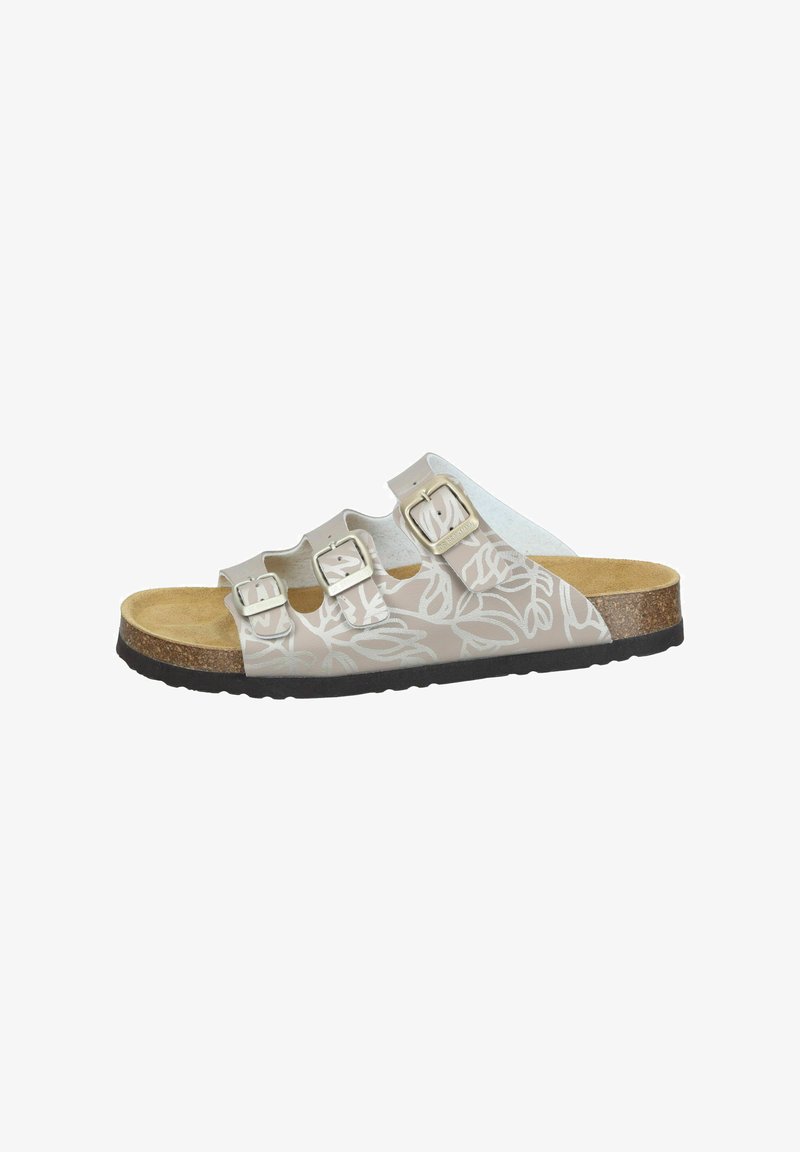 Three-strap slide sandal in light beige with floral pattern, metallic buckles, molded cork footbed, and textured black outsole.