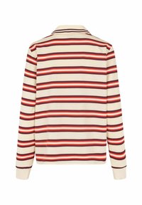 Poloshirt met lange mouwen, voorzien van horizontale strepen in rood, oranje, bruin en crème, met een klassieke kraag en geribbelde manchetten.