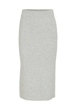 Grå ribbet blyantskirt med høj talje, knælang længde og et tekstureret strikket mønster, som giver et blødt udseende.