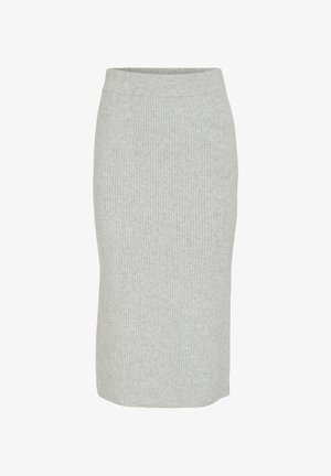 Harmaa ribattu kynähame, jossa on korkea vyötärö, polvenpituinen leikkaus ja teksturoitu neulospinta, joka välittää pehmeän ilmeen.