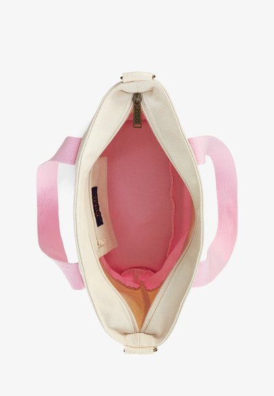 Καμβάς τσάντα με ανοιχτό ροζ λεπτομέρειες, κλείσιμο με φερμουάρ και μαλακή, αντίθεση εσωτερική επένδυση. Διαθέτει ανθεκτικές ροζ λαβές.