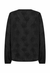 Musta pitkähihainen pusero, jossa on yksityiskohtainen kukkaistikkaus, teksturoitu kangas ja yksinkertainen kaulussuunnittelu. Kuminauhoitetut hihansuut.