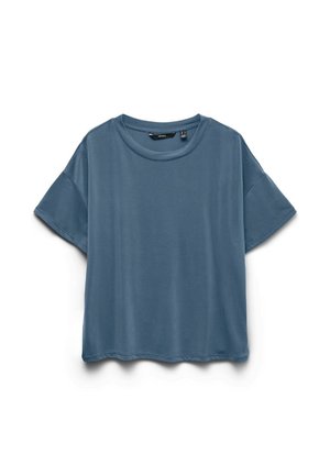 Majica kratkih rukava s opuštenim krojem i okruglim izrezom u prigušenoj plavoj boji, prikazana ravno na bijeloj pozadini.