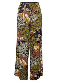 Pantalon à jambes larges présentant un mélange de motifs floraux et abstraits en vert, marine, orange et blanc. Confectionné en tissu léger.