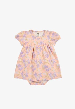 Rosa Baby-Kleid mit lila und grünem Blumenmuster, kurzen Puffärmeln sowie Druckknöpfen an Schulter und Saum für einfaches An- und Ausziehen.