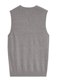 Maglione senza maniche di colore grigio, texture morbida a maglia, collo rotondo, orlo a coste, design pulito senza decorazioni né motivi.