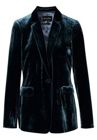 Blazer en velours vert foncé avec col cranté, fermeture à un bouton et poches à rabat devant, coupe cintrée pour femme.