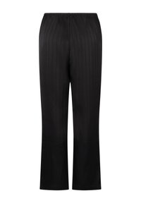 Zwarte, ribbelbroek met een elastische tailleband, rechte pijpen, een gladde textuur en een halflange lengte, ontworpen voor comfort en gemak.