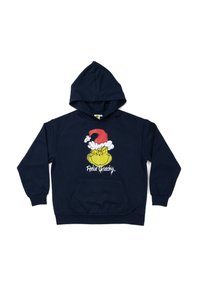 Felpa con cappuccio blu navy con tasca frontale, con grafica verde del Grinch che indossa un cappello da Babbo Natale e la scritta "Feelin' Grinchy" in bianco.