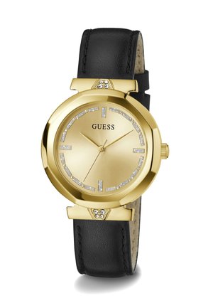 Montre-bracelet Gold Guess avec bracelet en cuir noir, index d’heures en cristal et trois aiguilles dorées indiquant 10:10:37.