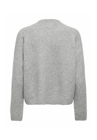 Grå strikket sweater med rund halsudskæring, lange ærmer og en løs pasform. Blød tekstur med ribbede manchetter og kantdetalje.