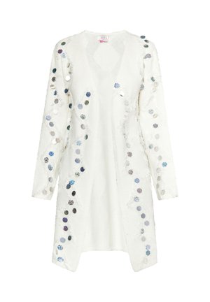 Witte gebreide cardigan met lange mouwen, voorzien van een gestructureerde stof en meerkleurige ronde pailletten die langs de voorkant zijn gerangschikt. Open voorkant ontwerp.