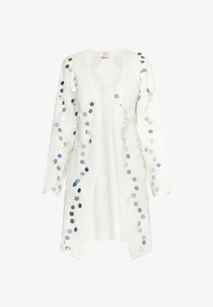 Witte gebreide cardigan met lange mouwen, voorzien van een gestructureerde stof en meerkleurige ronde pailletten die langs de voorkant zijn gerangschikt. Open voorkant ontwerp.