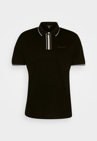 Polo noir à manches courtes avec passepoil blanc sur le col et les poignets, deux bandes verticales beiges et blanches sur la patte de boutonnage, logo discret "Morato" sur la poitrine.