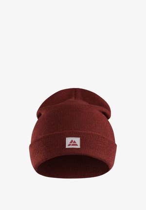 Berretto a cuffia rosso in tessuto lavorato a maglia, con orlo ripiegato e un'etichetta con il logo a triangolo cucita sul davanti.