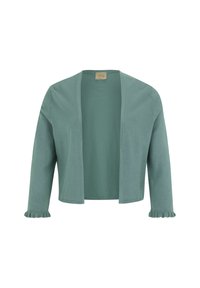 Cardigan verde chiaro, design aperto davanti, polsini a costine, texture morbida, maniche a tre quarti, stile casual e senza chiusure.
